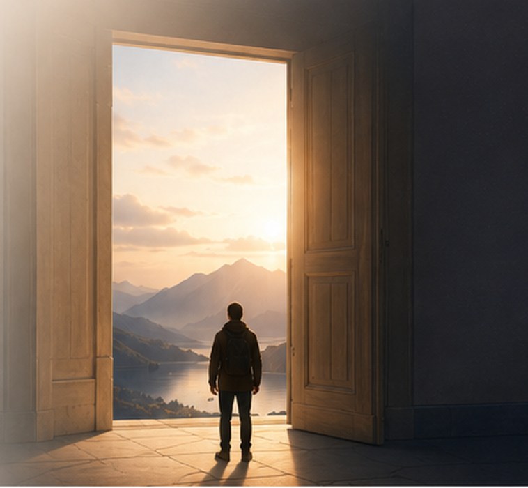 Une silhouette sur le seuil d'une porte ouverte, face à des montagnes et un coucher de soleil